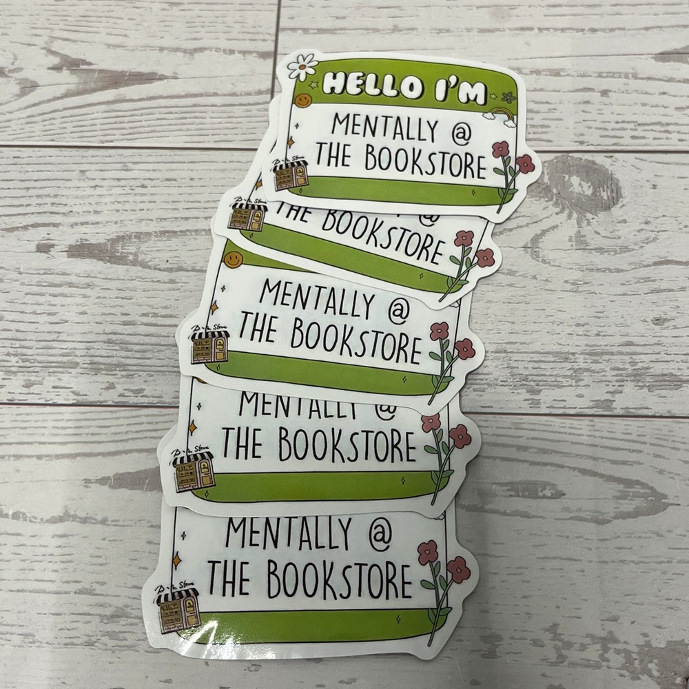 Mentally @ The Bookstore Name Tag Sticker Green Floral Book Lover Vinyl Decal